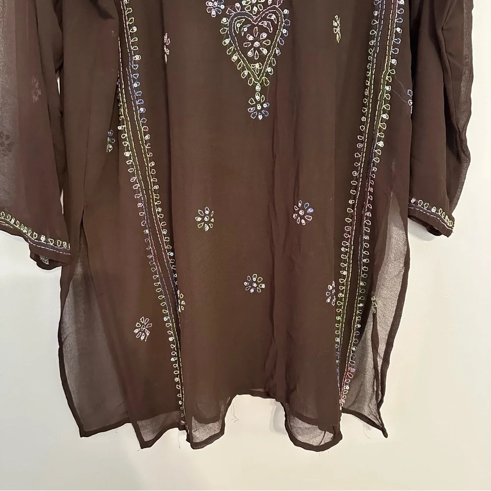 Betty B. Sheer Fairycore Brown Embroidered Boho Festival Tunic Top - Picture 5 of 6